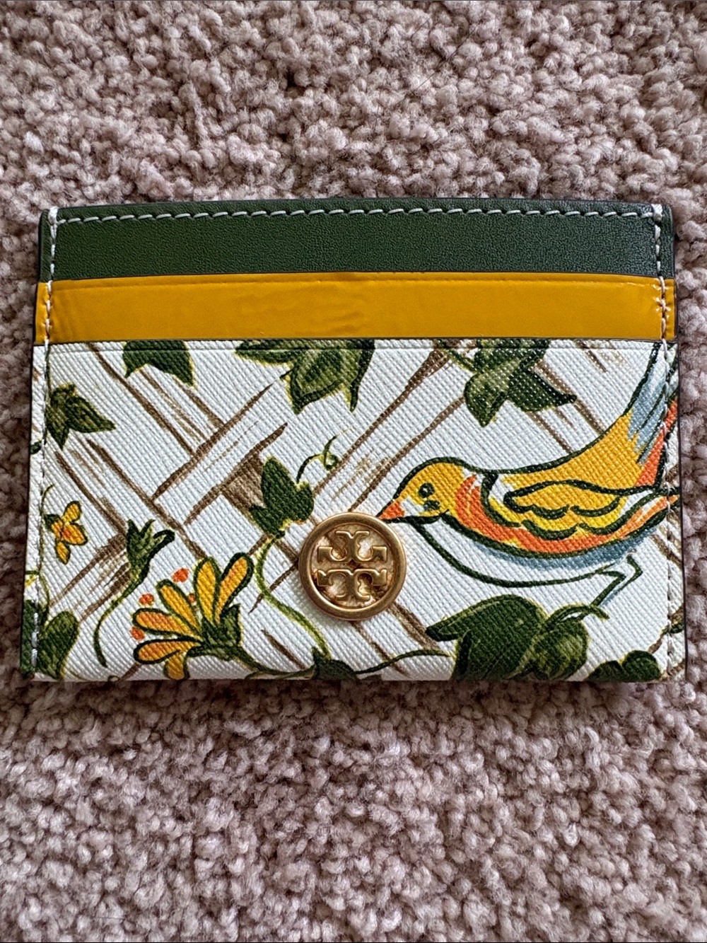 Tory Burch Robinson Yellow & Green Floral Bird Card Holder with Gold Logo
